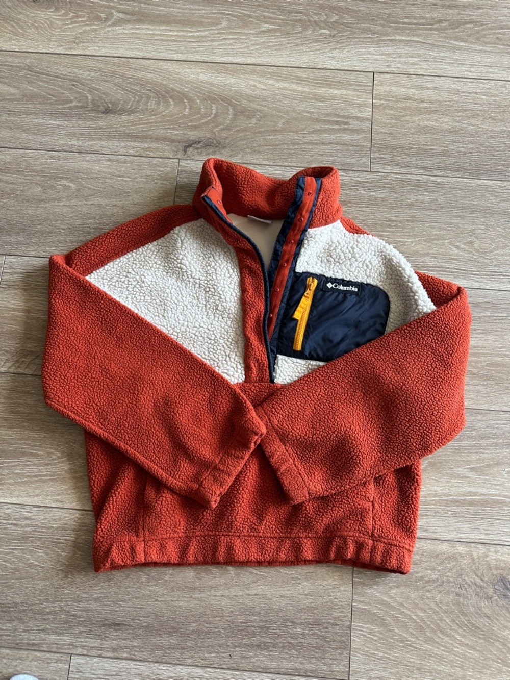 Columbia Rust Orange Cream Sherpa Quarter-Zip Pullover with Navy Pocket